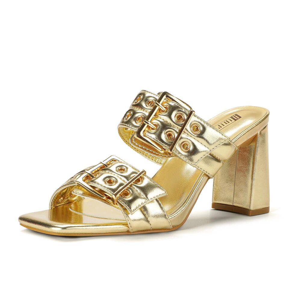 Gold Open Toe Double Buckle Slip On Block Heel Sho, SIZE 6.5, SL2-155S004